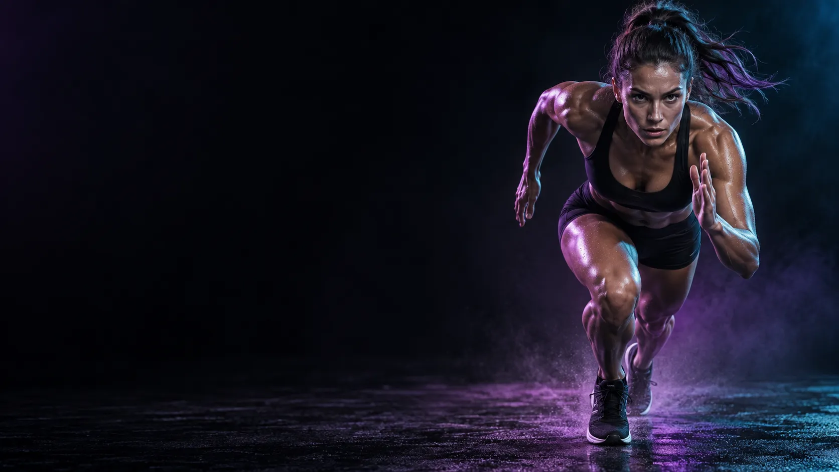 Athlete accelerating through a dramatic violet and teal-lit studio